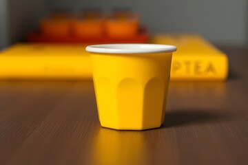 Generative AI vibrant yellow cup on a wooden table surface.