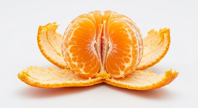 Mandarina jugosa y fresca reci&eacute;n pelada gajos anaranjados vibrantes con una luz de estudio que realza su textura