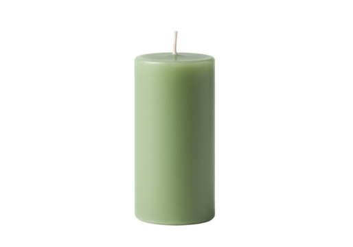 Sage green pillar candle isolated on transparent background, minimalist home decor element for relaxation and ambiance