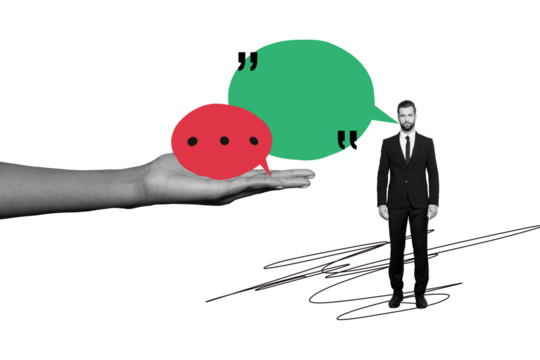 Composite photo collage of serious businessman wear formal suit hand palm colorful bubble communication isolated on painted background