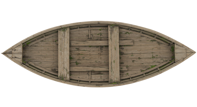 Old wooden rowboat isolated on transparent background, vintage weathered boat for nautical themes and rustic designs