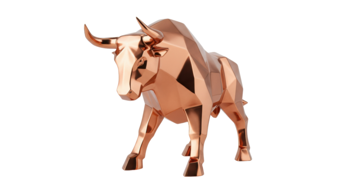 Geometric copper bull statue isolated, modern polygonal sculpture of a bull for home decor and investment themes