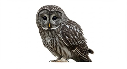 Obraz premium Imponente búho gris de ojos grandes posa elegantemente mostrando su misteriosa belleza nocturna aislado en un fondo blanco puro.