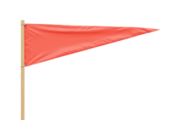 Bright red triangular safety flag on a wooden pole isolated, warning pennant on transparent background PNG