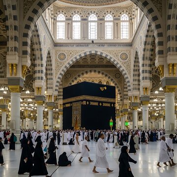 Inside a magnificent mosque, throngs of pilgrims circumambulate the sacred Kaaba, bathed in soft, holy light.