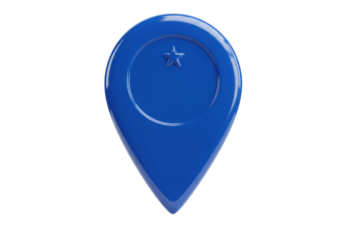 Blue map pointer with star isolated on transparent background, location pin icon for navigation and travel