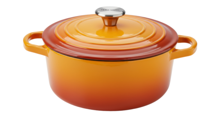 Orange enameled cast iron dutch oven with lid isolated, cooking pot for soups and stews on a seamless background