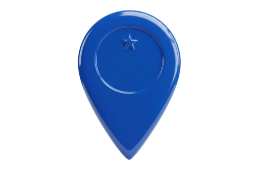 Blue map pointer with star isolated on transparent background, location pin icon for navigation and travel