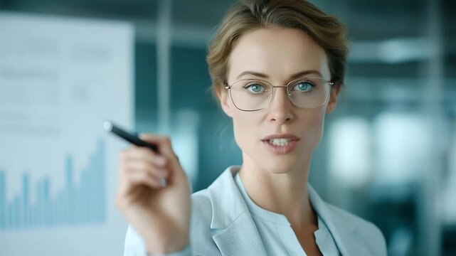 female MBA professional showcasing growth metrics on glass wall using laser pointer faint beep of pointer calm voice three quarter wide angle cinematic color correction gentle