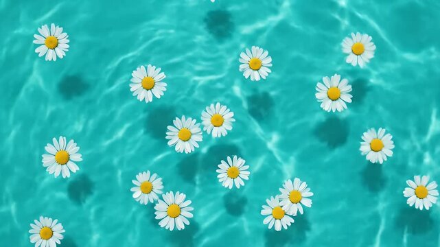 Floating white daisy flowers with yellow centers and subtle shadows drift in a turquoise-colored water environment, creating a tranquil and natural aesthetic composition.