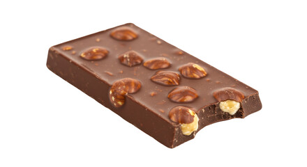 Chocolate bar with hazelnuts isolated on transparent background, sweet dessert with nuts for snack and confectionery use
