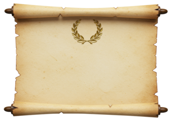 Old paper scroll with laurel wreath isolated, antique parchment for certificate or diploma on transparent background