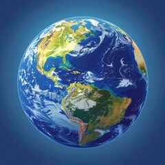 Fototapeta premium A detailed illustration of planet Earth, centered and displayed against a solid blue backdrop, showcases the continents, oceans, and cloud formations with realistic detail