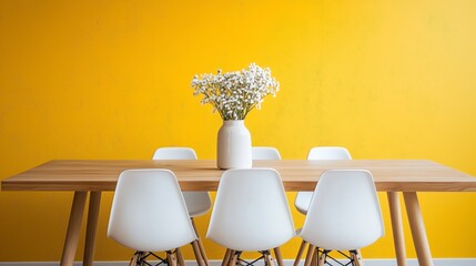 Interior with white chairs and a yellow table background. Generative AI