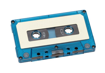 Blue transparent cassette tape isolated, audio music storage device for retro technology and vintage sound recording