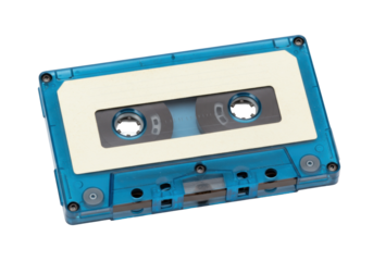 Blue transparent cassette tape isolated, audio music storage device for retro technology and vintage sound recording