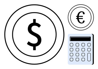 Dollar and euro coin symbols next to a calculator highlighting themes of money, calculations, currency exchange, budgeting, accounting, financial planning, and economic analysis. Simple flat metaphor