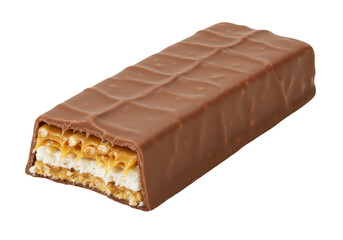 Delicious chocolate bar with caramel and nougat isolated on transparent background, sweet treat for dessert or snack
