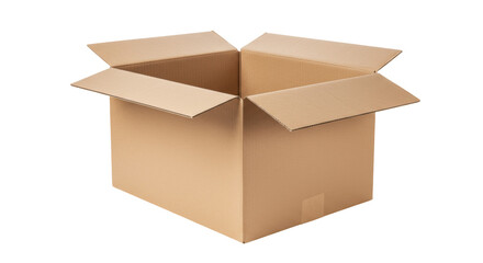 Open cardboard box isolated on transparent background, brown container for shipping and storage