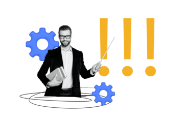Creative collage image young man professor lecturer education cogwheel stick pointer efficiency organization project management
