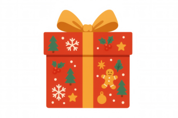 Red gift box with a yellow ribbon, decorated with christmas elements like a gingerbread man, pine trees, and snowflakes