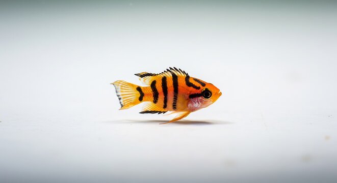 C&iacute;clido enano con intensas rayas naranja y negro nadando sobre fondo blanco bajo luz suave capturando su belleza.
