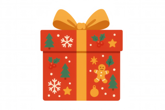 Red gift box with a yellow ribbon, decorated with christmas elements like a gingerbread man, pine trees, and snowflakes