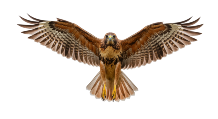 Majestic hawk with open wings isolated PNG, bird of prey with brown and white feathers on transparent background