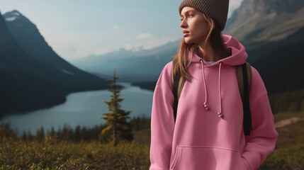 Female Traveler Wearing Pink Hoodie And Beanie
