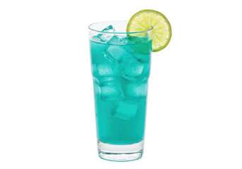 Refreshing blue lagoon cocktail with lime isolated on transparent background, summer drink with ice cubes for party and bar