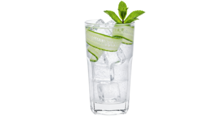 Refreshing cucumber gin and tonic cocktail isolated, garnished with mint leaves and ice cubes for a cool and invigorating drink