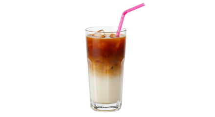 Iced latte in tall glass with pink straw isolated, refreshing coffee drink with milk and ice cubes on a clean background