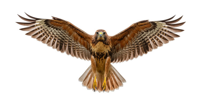 Majestic hawk with open wings isolated PNG, bird of prey with brown and white feathers on transparent background - Powered by Adobe