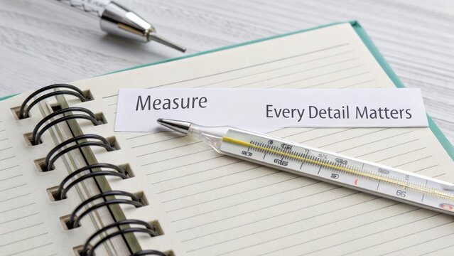 Thermometer placed on notebook measuring temperature with pen