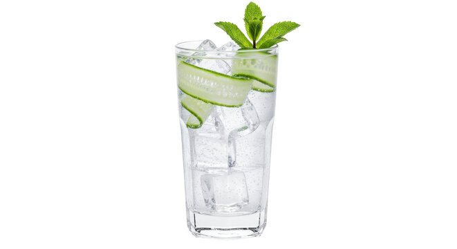 Refreshing cucumber gin and tonic cocktail isolated, garnished with mint leaves and ice cubes for a cool and invigorating drink