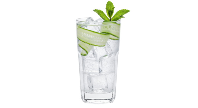 Refreshing cucumber gin and tonic cocktail isolated, garnished with mint leaves and ice cubes for a cool and invigorating drink