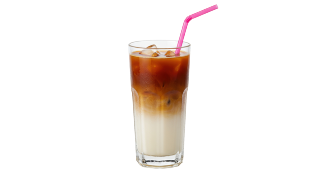 Iced latte in tall glass with pink straw isolated, refreshing coffee drink with milk and ice cubes on a clean background