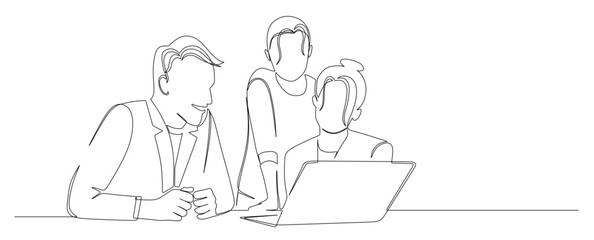 continuous line art of a father and mother teaching their child how to use a laptop