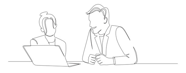 Continuous line art of a man and woman having a dialogue and discussion in front of a laptop.