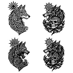 Tribal Wolf Head Tattoo Set with Skull and Sun Symbols – Black and White Vector Illustration