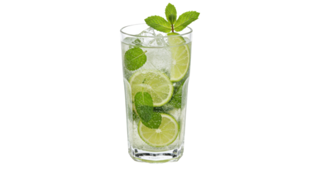 Refreshing mojito cocktail with lime and mint in a glass isolated, summer drink with ice cubes and sparkling water