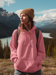 Young Woman In Pink Hoodie And Beanie Outdoors