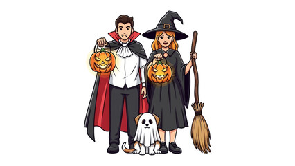 Halloween Costume Trio: A charming illustration depicts a couple in enchanting Halloween costumes, accompanied by a playful puppy also dressed for the spooky season.
