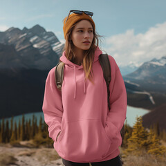 Young Woman In Pink Hoodie And Beanie Outdoors