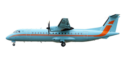 Light blue turboprop aircraft isolated on transparent background, regional airliner with orange stripes for travel and transportation