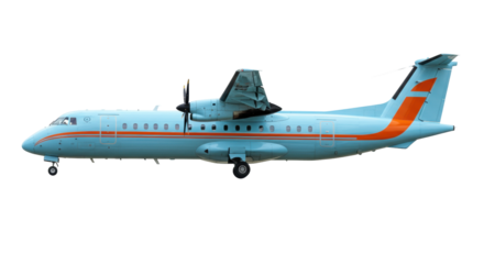 Light blue turboprop aircraft isolated on transparent background, regional airliner with orange stripes for travel and transportation