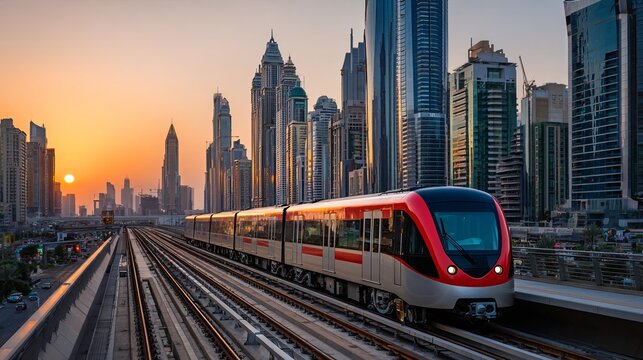 Dubai cityscape at sunset with metro railway skyscrapers and urban skyline