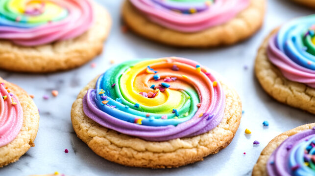 Delicious crumbl cookie decorated with multicolored frosting representing pride month, adorned with colorful sprinkles for celebration