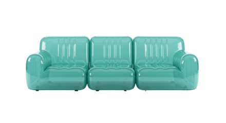 Inflatable turquoise sofa isolated on transparent background, modern blow up couch for summer fun and relaxation PNG