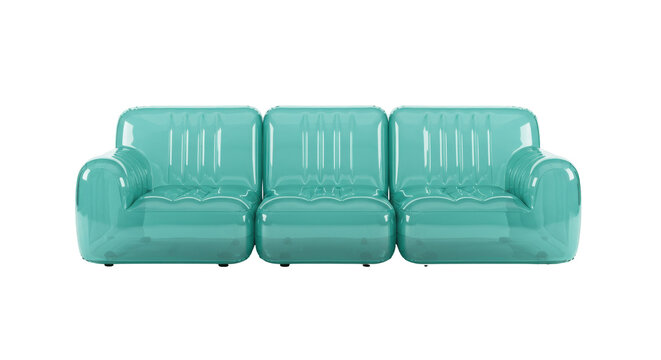 Inflatable turquoise sofa isolated on transparent background, modern blow up couch for summer fun and relaxation PNG